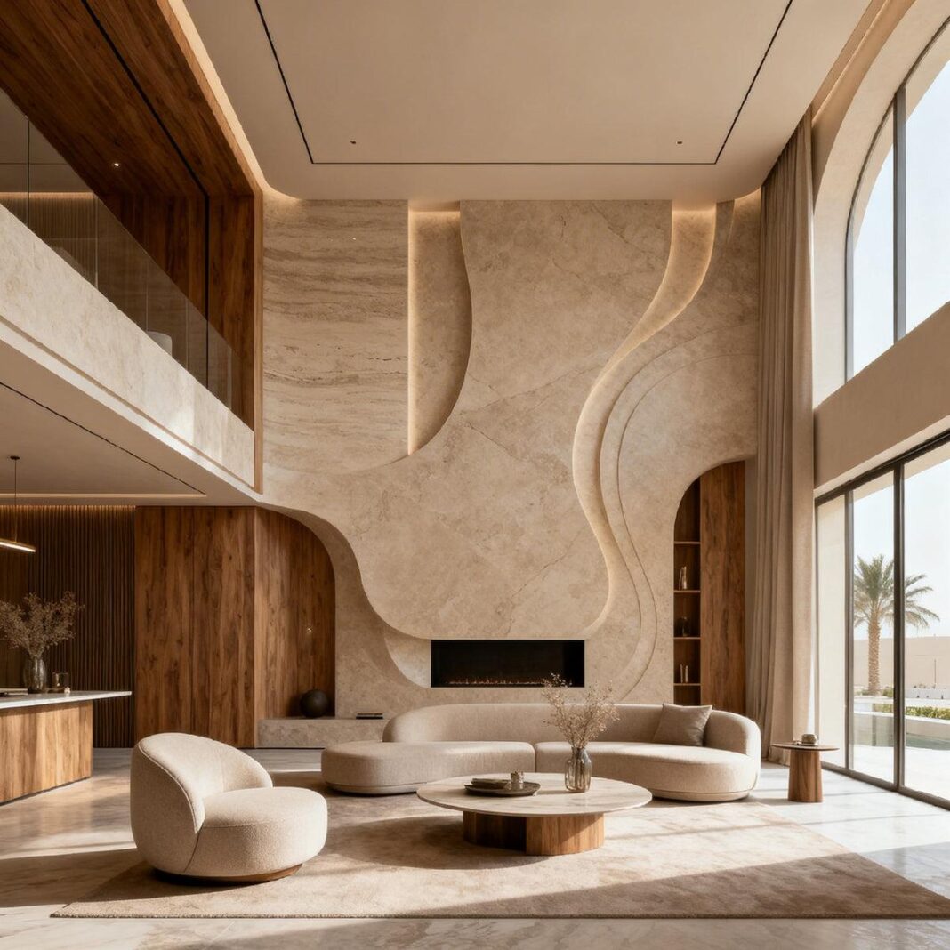 Luxury double-height living room featuring sculptural stone walls, curved cream sofas, warm wood detailing and floor-to-ceiling windows.